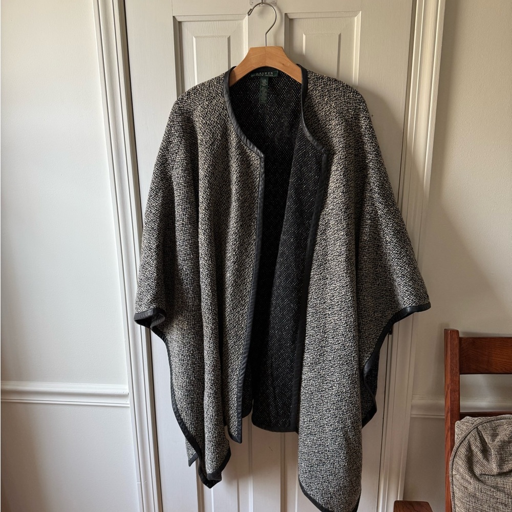 Ralph Lauren Black and White Wool Blend Poncho with Leather Trim